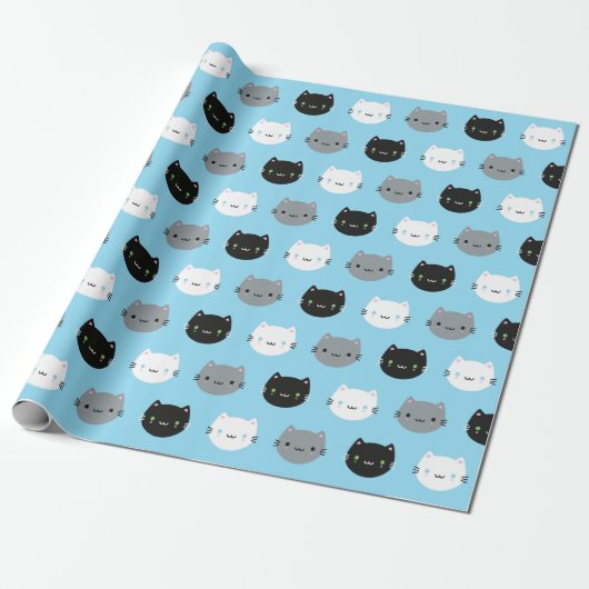 Cute Cats & Kawaii Kittens (blauw) Cadeaupapier (Uitgerold)