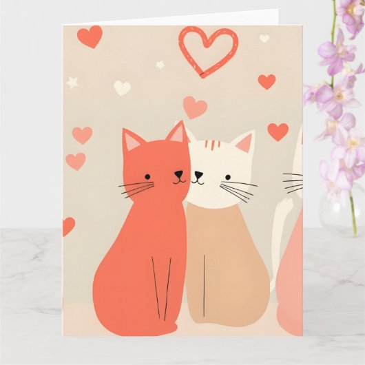 Cute Cats Love Valentine Hearts Pattern Coral Pink Kaart (Orchidee)