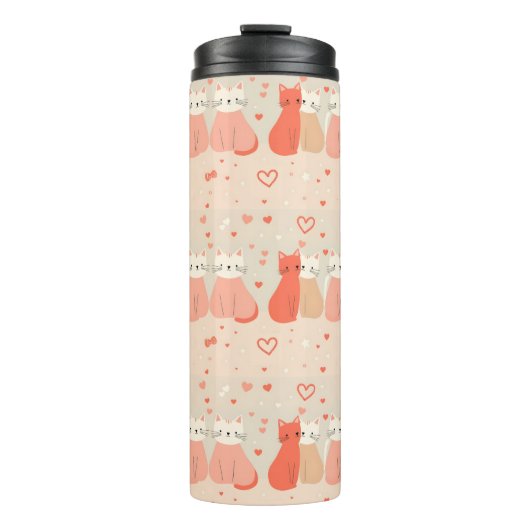 Cute Cats Love Valentine Hearts Pattern Coral Pink Thermosbeker (Voorkant)