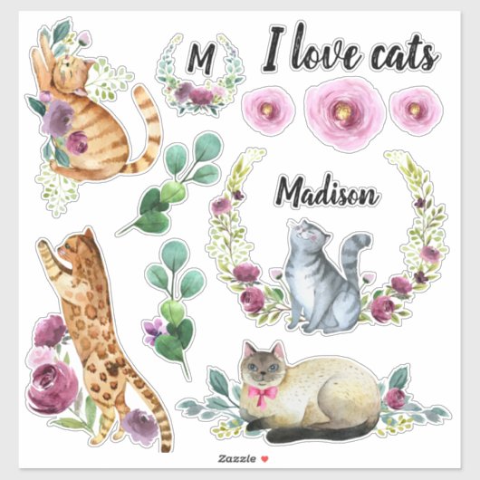 Cute Cats met Monogram-naam Sticker (Vel)