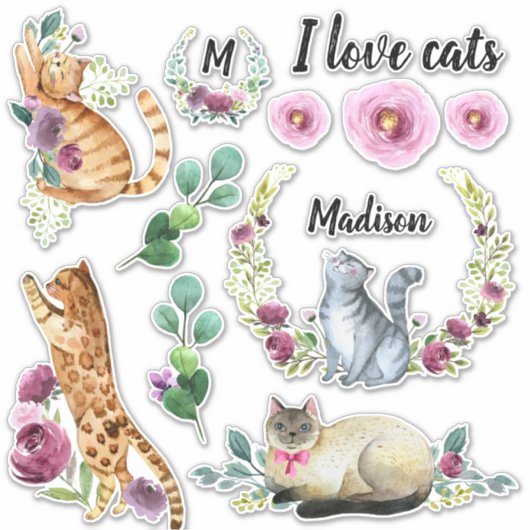 Cute Cats met Monogram-naam Sticker (Voorkant)