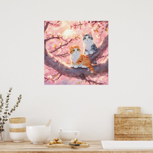 Cute Cats on the Cherry Blossom Tree Poster (Keuken)