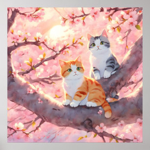 Cute Cats on the Cherry Blossom Tree Poster