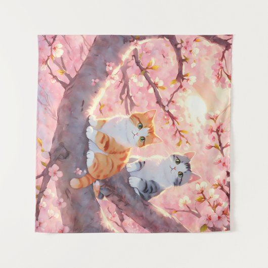 Cute Cats on the Cherry Blossom Tree Wandkleed (Voorkant (horizontaal))
