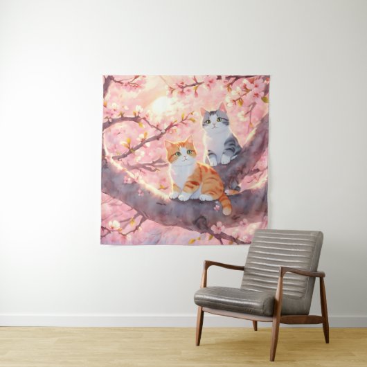 Cute Cats on the Cherry Blossom Tree Wandkleed (In situ)