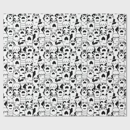 Cute Cats Paws Pattern Black White Cadeaupapier (Vlak)