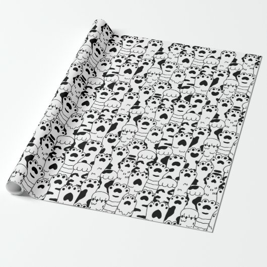 Cute Cats Paws Pattern Black White Cadeaupapier (Uitgerold)
