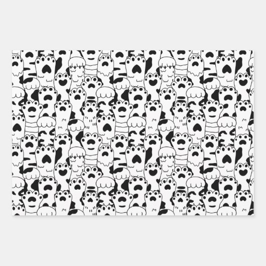 Cute Cats Paws Pattern Black White Inpakpapier Vel (Voorkant)