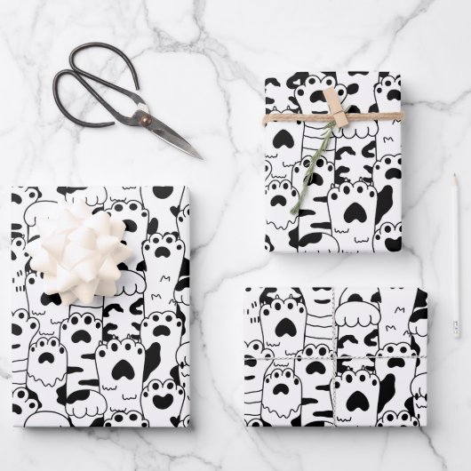 Cute Cats Paws Pattern Black White Inpakpapier Vel (Voorkant)