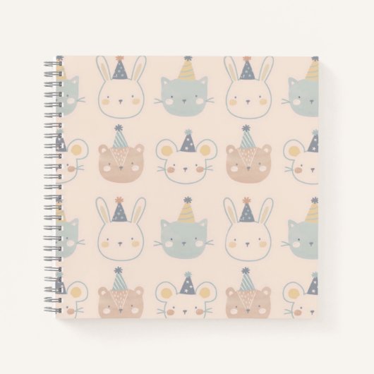 Cute Cats Rabbits and Bears Faces Pastel Pattern Notitieboek (Voorkant)