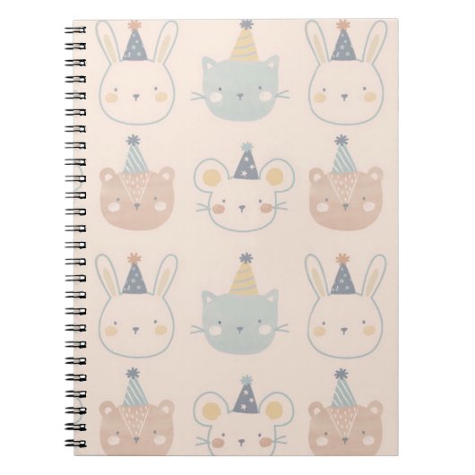 Cute Cats Rabbits and Bears Faces Pastel Pattern Notitieboek (Voorkant)