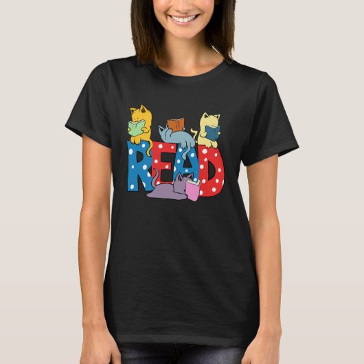 cute cats reading books librarian teacher graphic t-shirt (Voorkant)