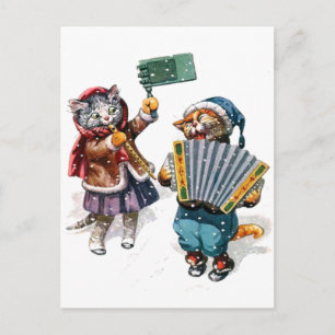 Cute Cats Speel de accordeon in de sneeuw Briefkaart