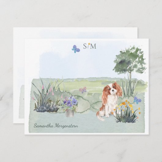 Cute Cavalier King Charles Dog Monogram Naam   Notitiekaartje (Voorkant / Achterkant)
