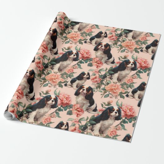 Cute Cavalier King Charles Floral Pattern Cadeaupapier (Uitgerold)