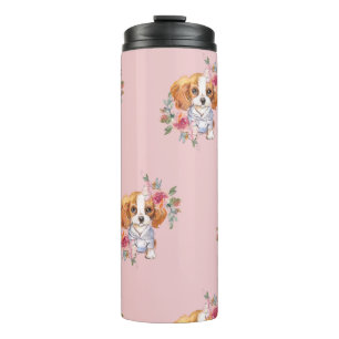 Cute Cavalier King Charles Spaniel Dog en Flowers Thermosbeker