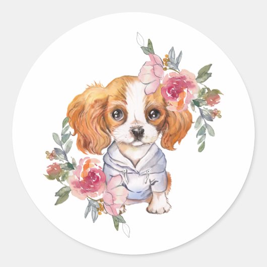 Cute Cavalier King Charles Spaniel en Flowers Ronde Sticker (Voorkant)