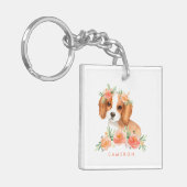 Cute Cavalier King Charles Spaniel Oranje bloemen Sleutelhanger (Voorkant Links)
