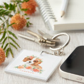 Cute Cavalier King Charles Spaniel Oranje bloemen Sleutelhanger (Voorkant Rechts)