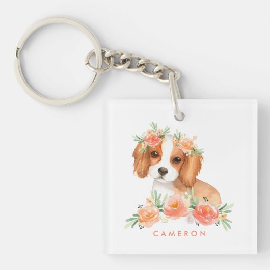 Cute Cavalier King Charles Spaniel Oranje bloemen Sleutelhanger (Voorkant)