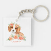 Cute Cavalier King Charles Spaniel Oranje bloemen Sleutelhanger (Achterkant)