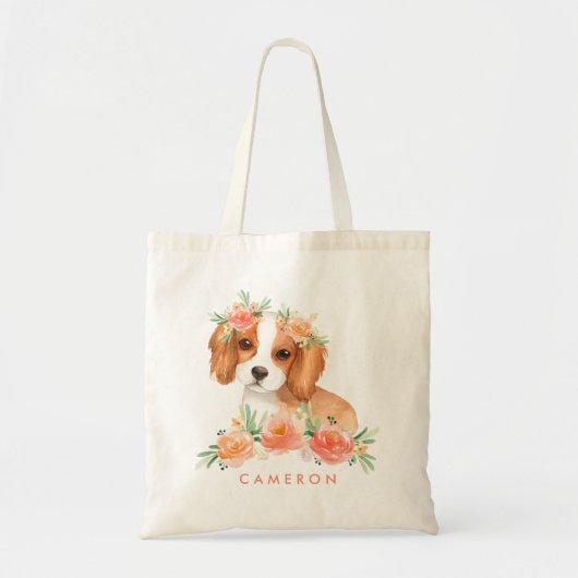 Cute Cavalier King Charles Spaniel Oranje bloemen Tote Bag (Voorkant)