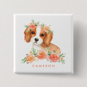 Cute Cavalier King Charles Spaniel Oranje Floral Vierkante Button 5,1 Cm