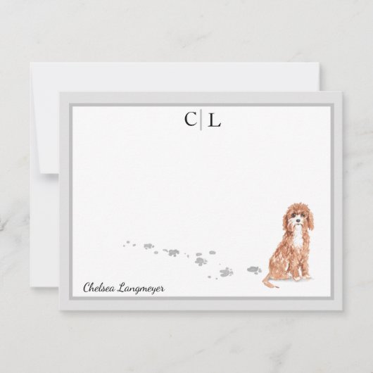 Cute Cavapoo Dog Gray Border Monogram Jouw naam Notitiekaartje (Voorkant)