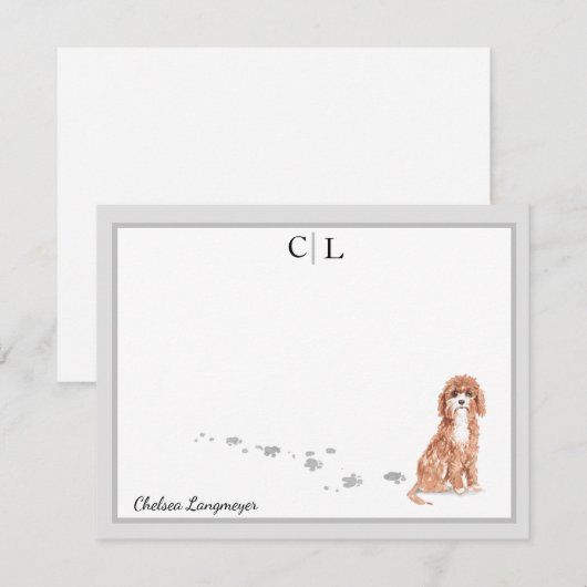 Cute Cavapoo Dog Gray Border Monogram Jouw naam Notitiekaartje (Voorkant / Achterkant)