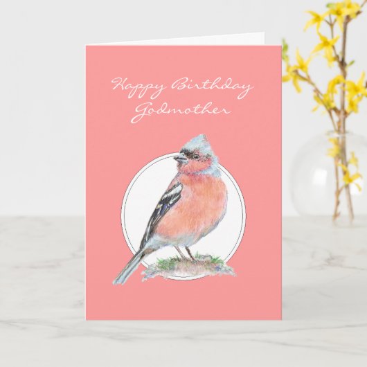 Cute Chaffinch, Happy Birthday Godmoeder Kaart (Gele Bloem)