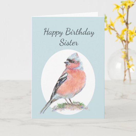Cute Chaffinch Waterverf Birthday Zuster Kaart (Gele Bloem)