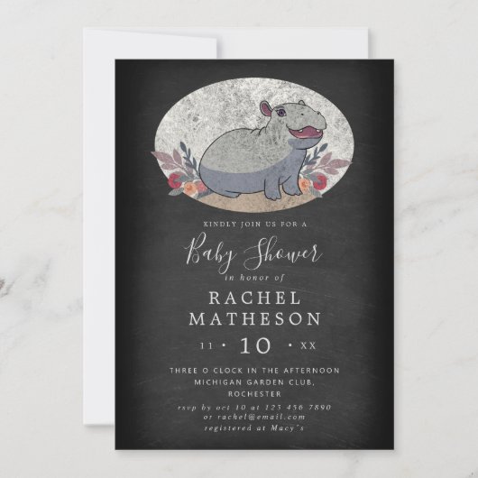 Cute chalkboard baby hippo baby shower kaart (Voorkant)