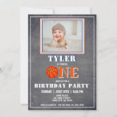 Cute Chalkboard Basketball Foto 1st Birthday Kaart (Voorkant)