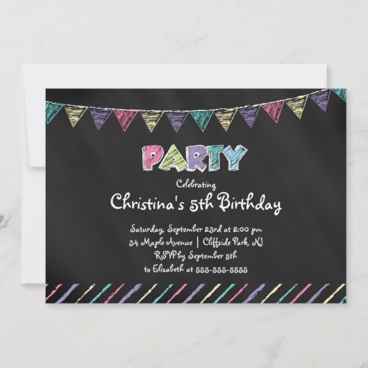 Cute Chalkboard Girls Birthday Party Invitation Kaart (Voorkant)