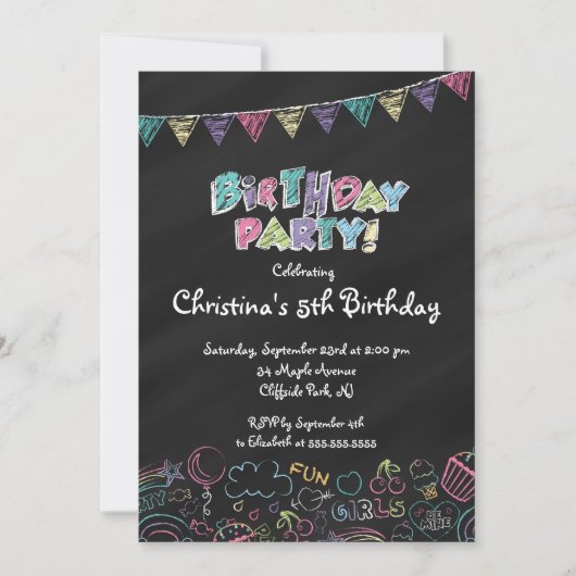 Cute Chalkboard Girls Birthday Party Invitation Kaart (Voorkant)