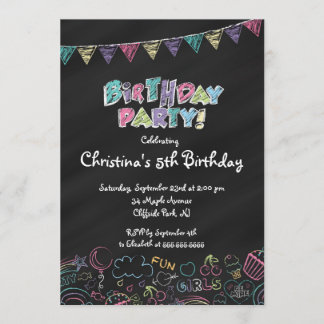 Cute Chalkboard Girls Birthday Party Invitation Kaart
