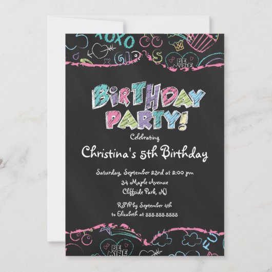 Cute Chalkboard Girls Birthday Party Invitation Kaart (Voorkant)