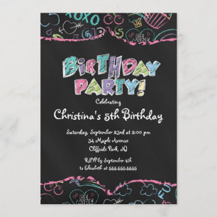 Cute Chalkboard Girls Birthday Party Invitation Kaart