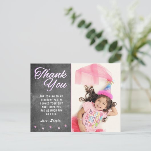 Cute Chalkboard Girly Birthday Foto Dank je Briefkaart (Staand voorkant)