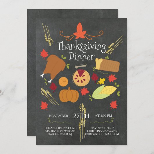 Cute Chalkboard Thanksgiving Dinner Invitation Kaart (Voorkant / Achterkant)