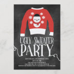 Cute Chalkboard Ugly Sweater Holiday Party Kaart<br><div class="desc">Moderne krijtbord Tacky lelijke sweater party-uitnodiging met een rode trui met witte sneeuwvlokken en een sneeuwman met handletterige typografie in getextureerd wit.</div>
