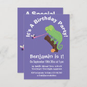 Cute chameleon die een bug cartoon vangt kaart (Voorkant / Achterkant)