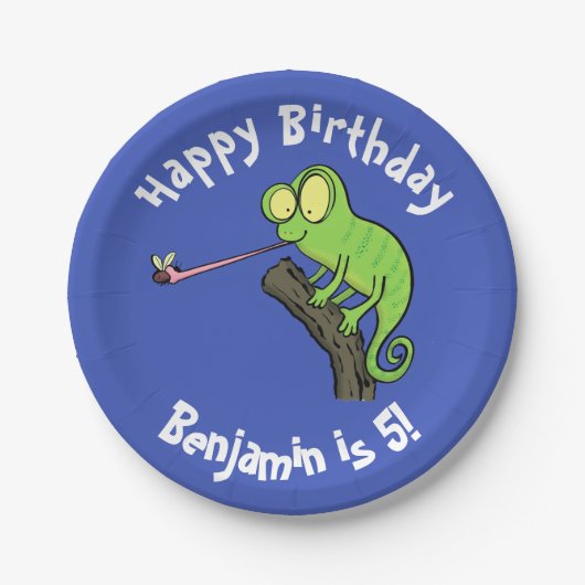 Cute chameleon die een bug cartoon vangt papieren bordje (Voorkant)