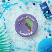 Cute chameleon die een bug cartoon vangt papieren kommen (Feest)