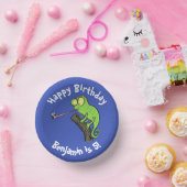 Cute chameleon die een bug cartoon vangt papieren kommen (Feest)