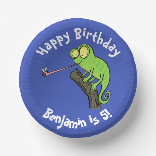 Cute chameleon die een bug cartoon vangt papieren kommen (Voorkant)