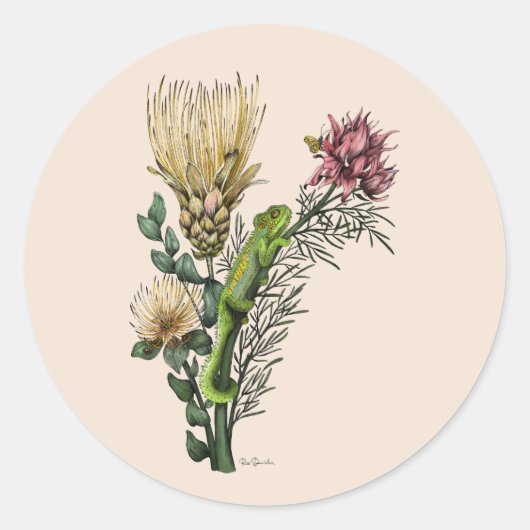 Cute Chameleon in Floral Bouquet Botanical Art Ronde Sticker (Voorkant)