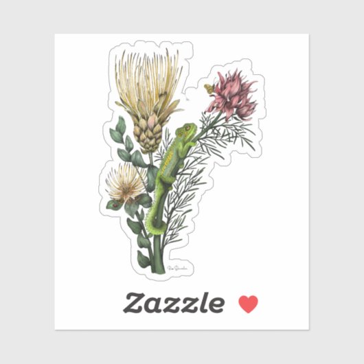 Cute Chameleon in Floral Bouquet Botanical Art Sticker (Vel)