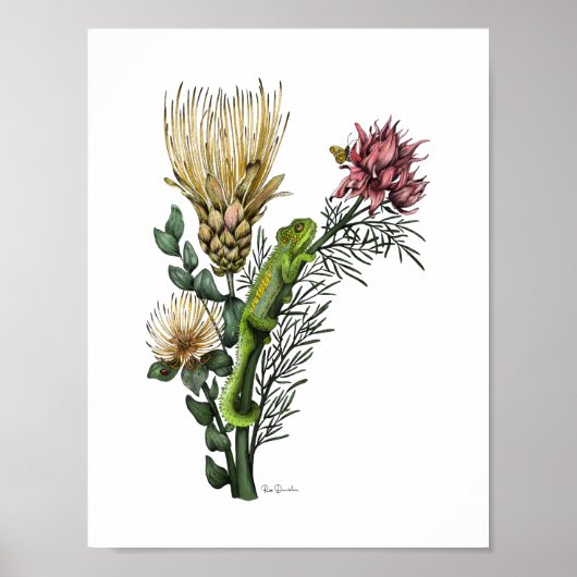 Cute Chameleon in Protea Floral Bouquet Botanical  Poster (Voorkant)