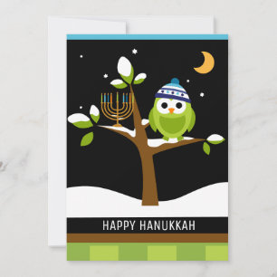 Cute Chanoeka-uil & menorah besneeuwde boom Feestdagenkaart